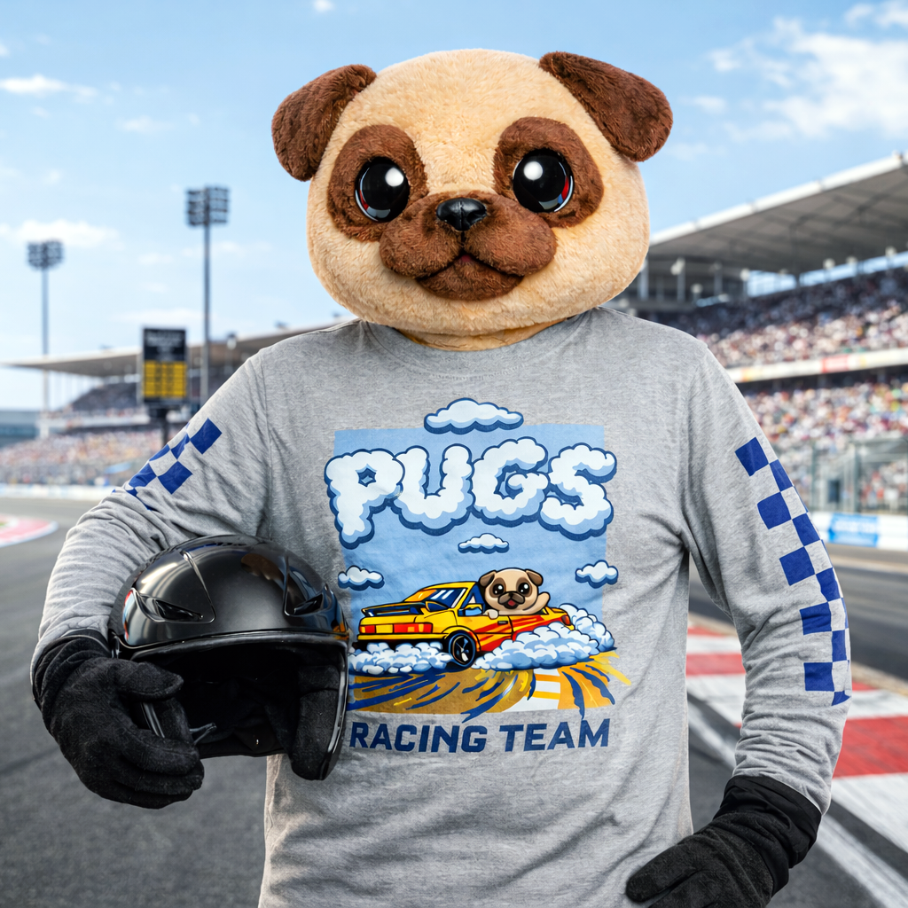 Person wearing a pug-themed racing team shirt on a race track