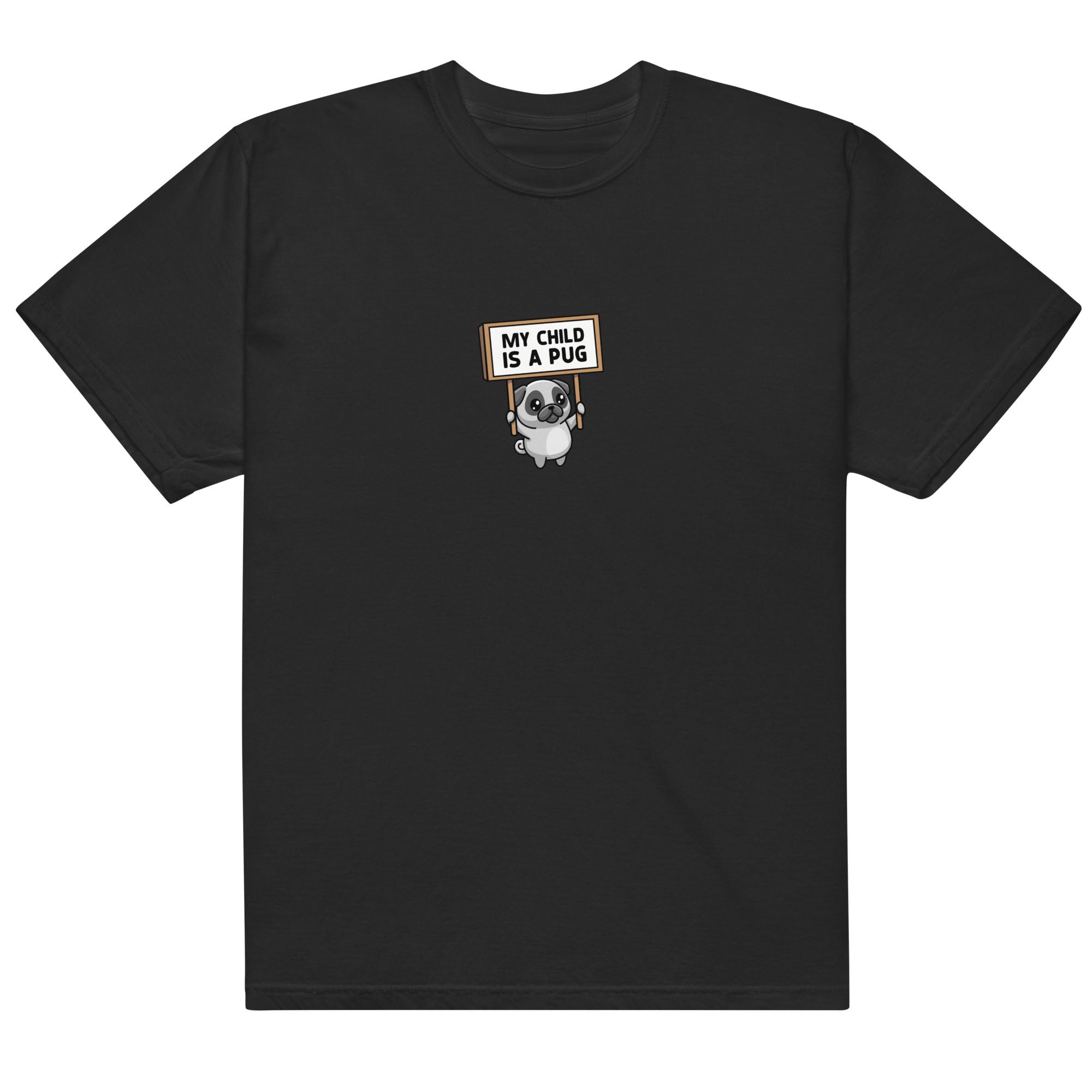 Black t-shirt with a pug graphic and text on a white background