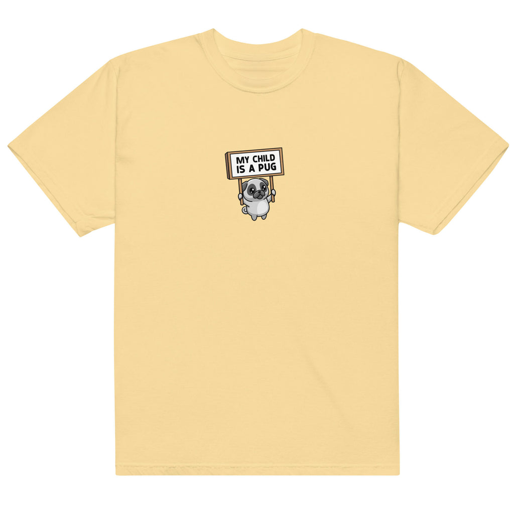 Yellow t-shirt with a pug graphic and text on a white background