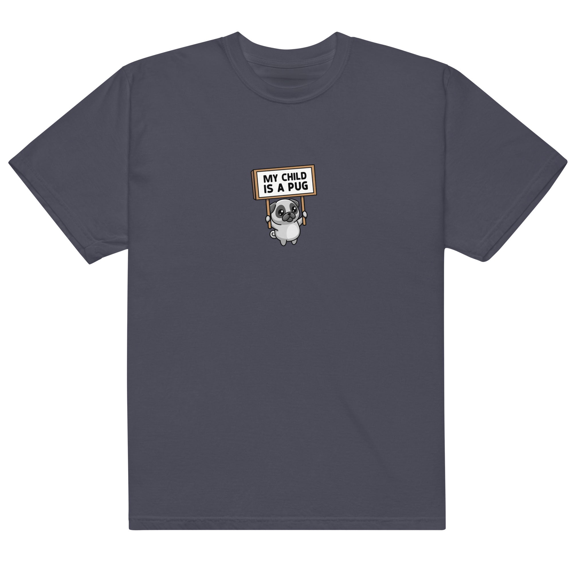 Blue t-shirt with 'RAISING HELL & CHICKENS' text on a white background