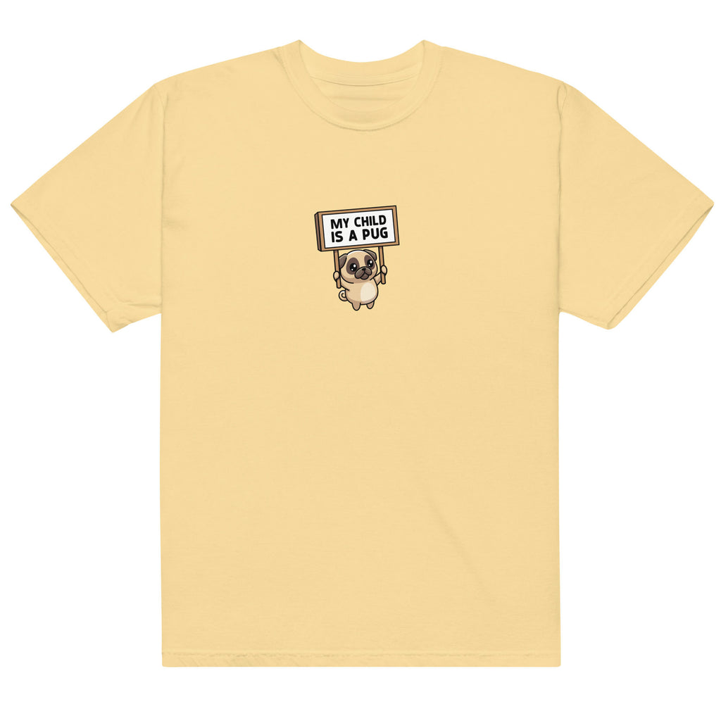 Yellow t-shirt with a pug graphic and text on a white background