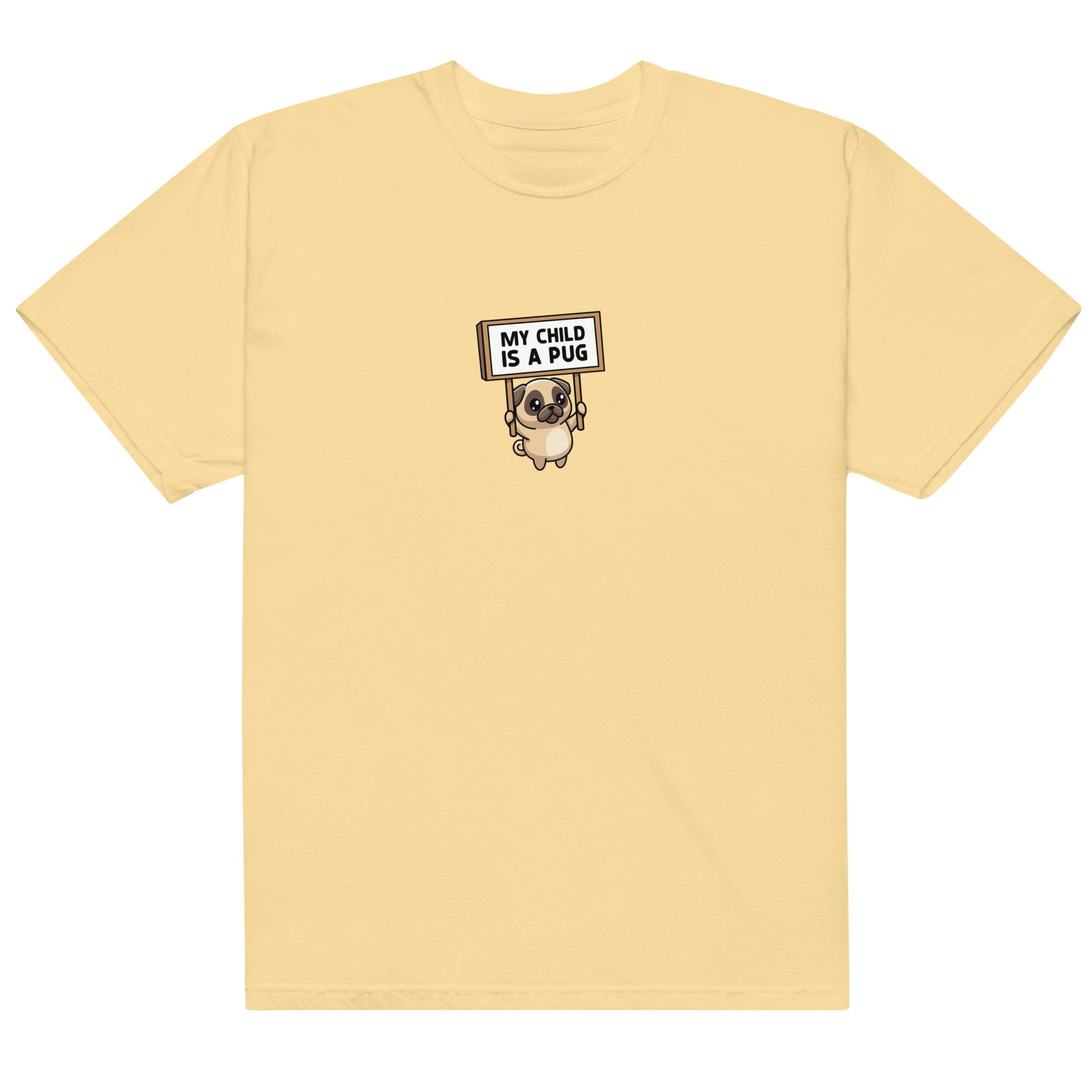 Yellow t-shirt with a pug graphic and text on a white background