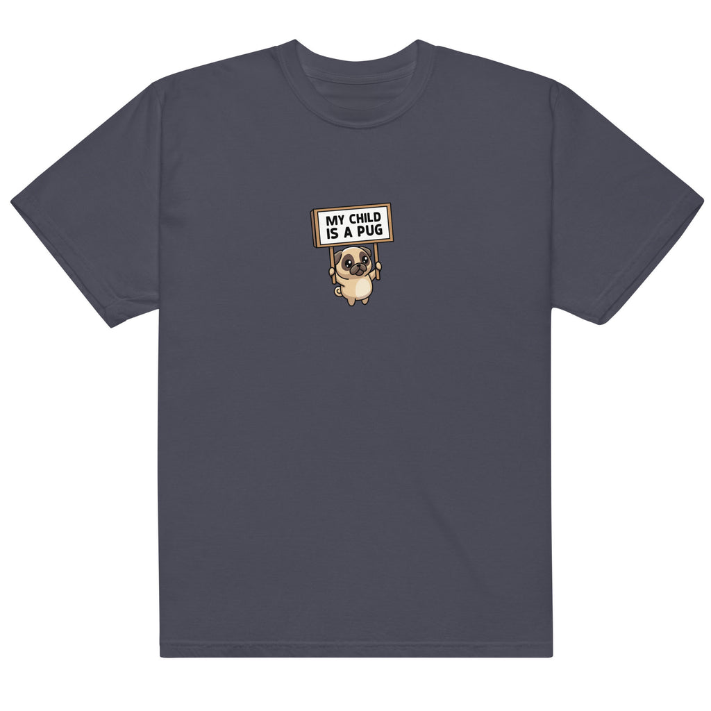 Gray t-shirt with a pug graphic and text on a white background
