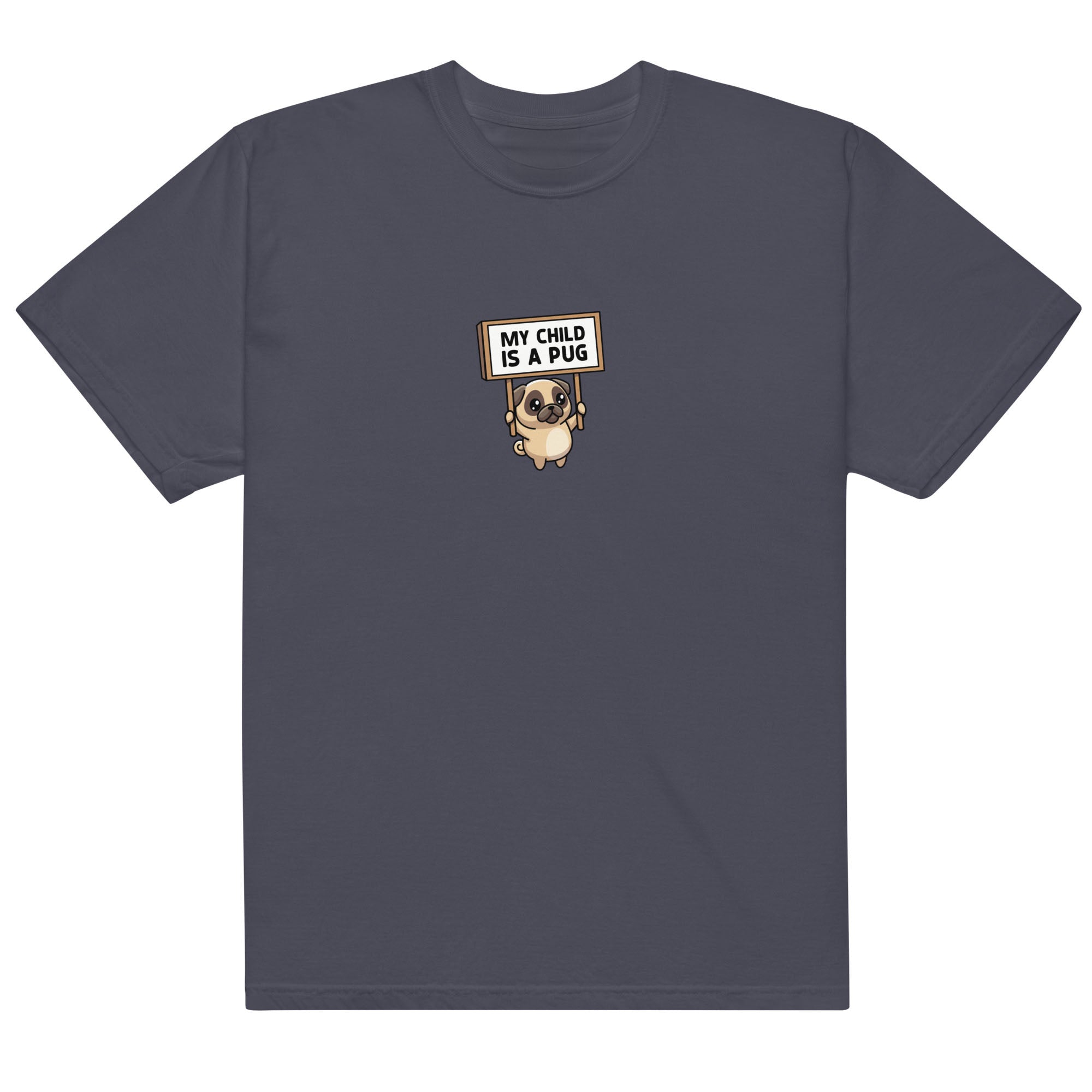 Gray t-shirt with a pug graphic and text on a white background