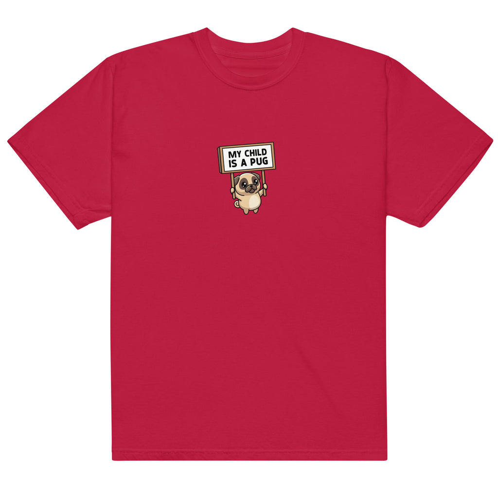 Red t-shirt with a pug graphic and text on a white background