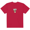 Red t-shirt with a pug graphic and text on a white background