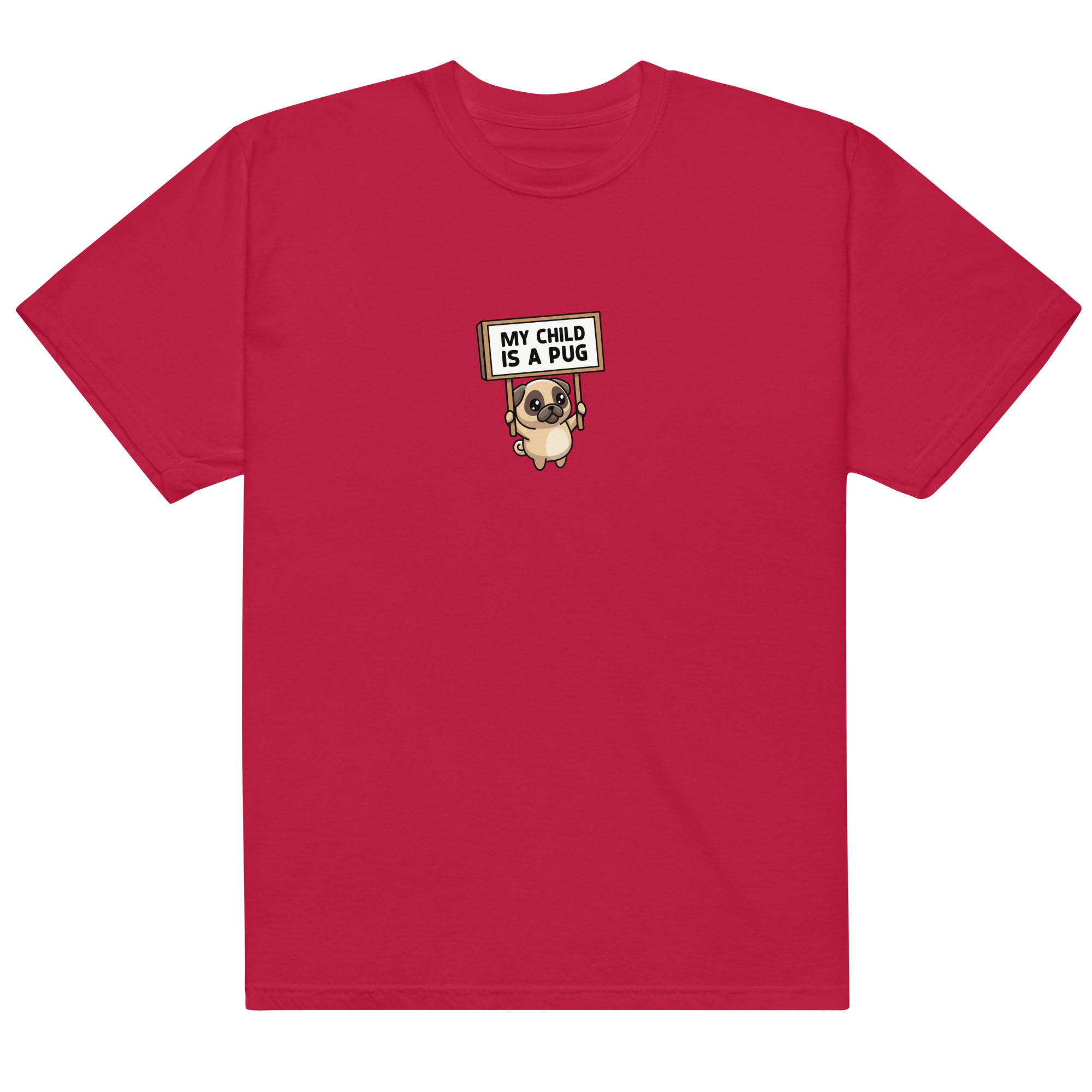 Red t-shirt with a pug graphic and text on a white background