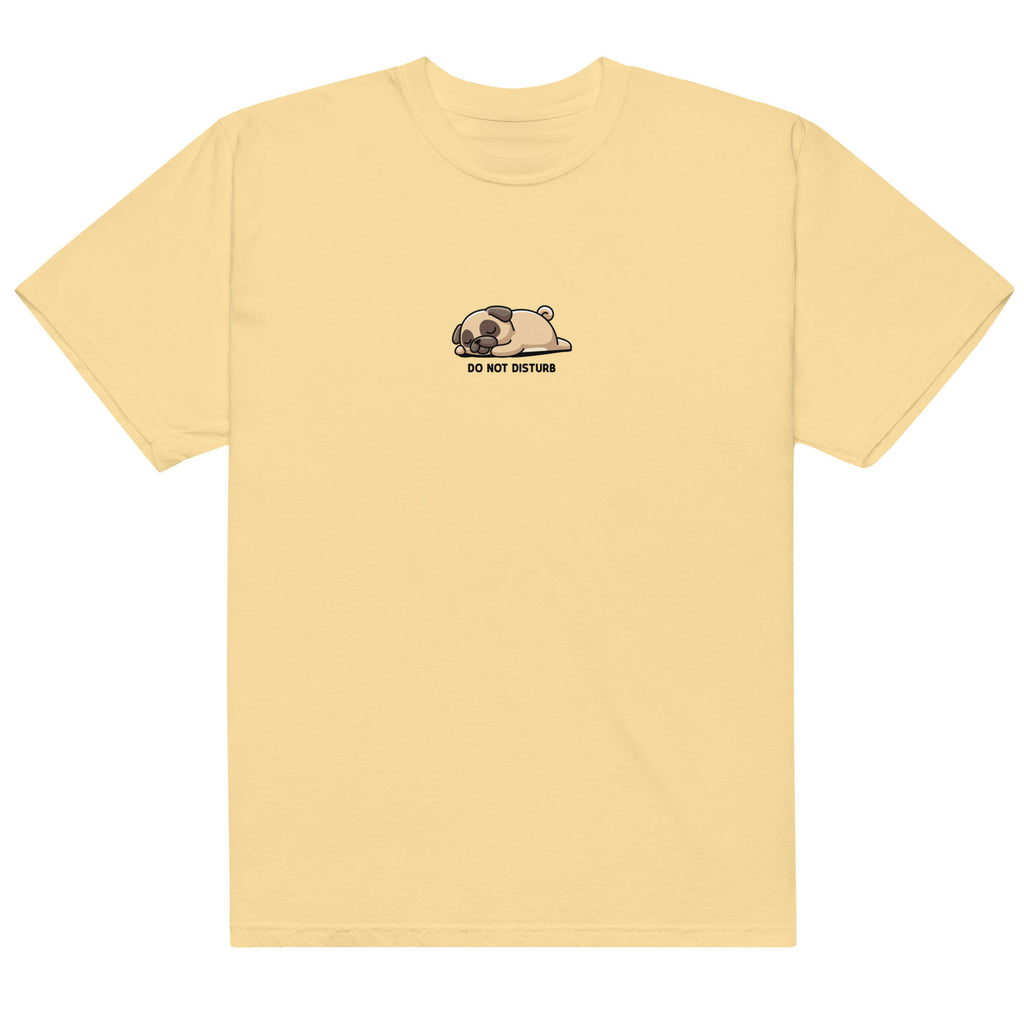 Yellow t-shirt with a small graphic on the chest against a white background