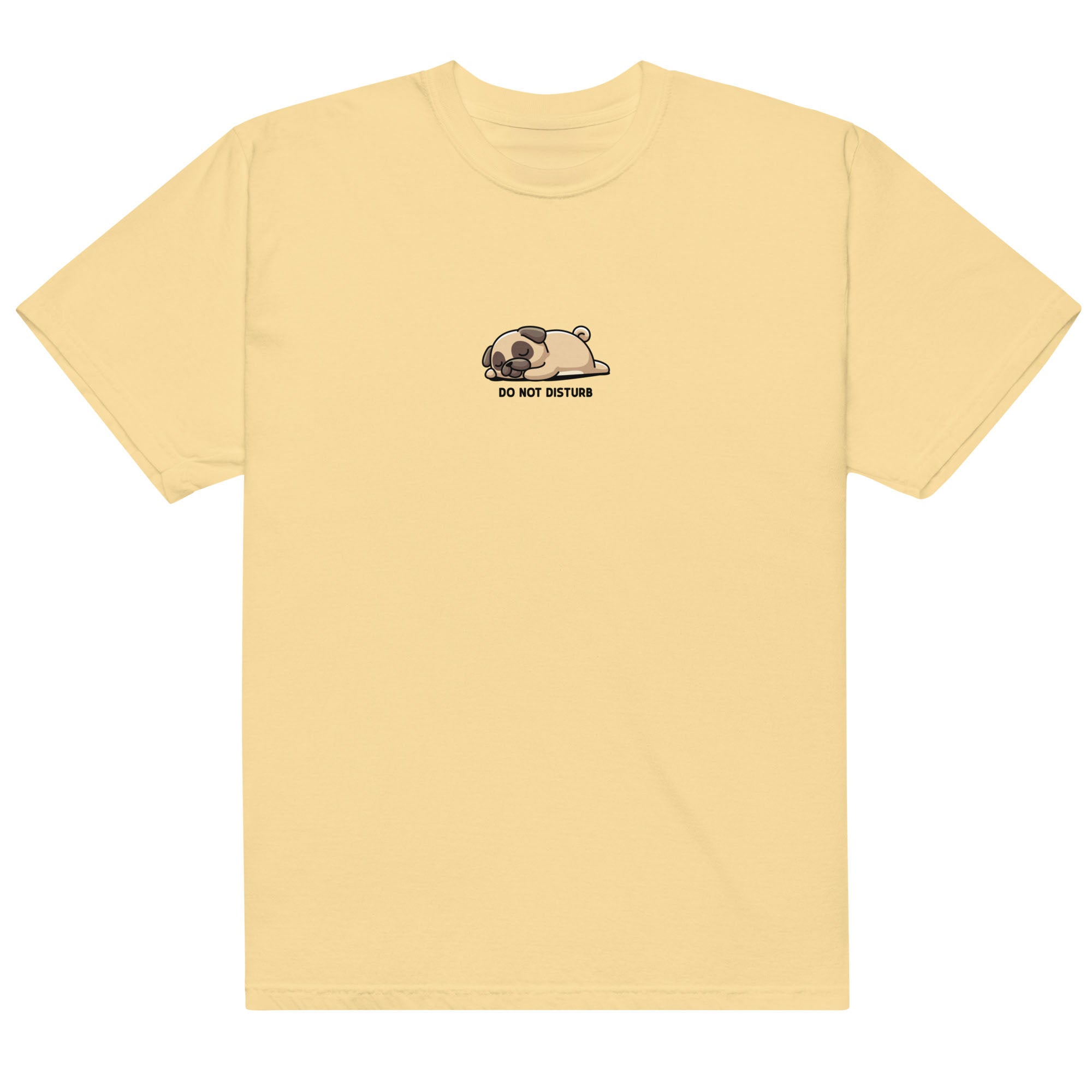 Yellow t-shirt with a small graphic on the chest against a white background