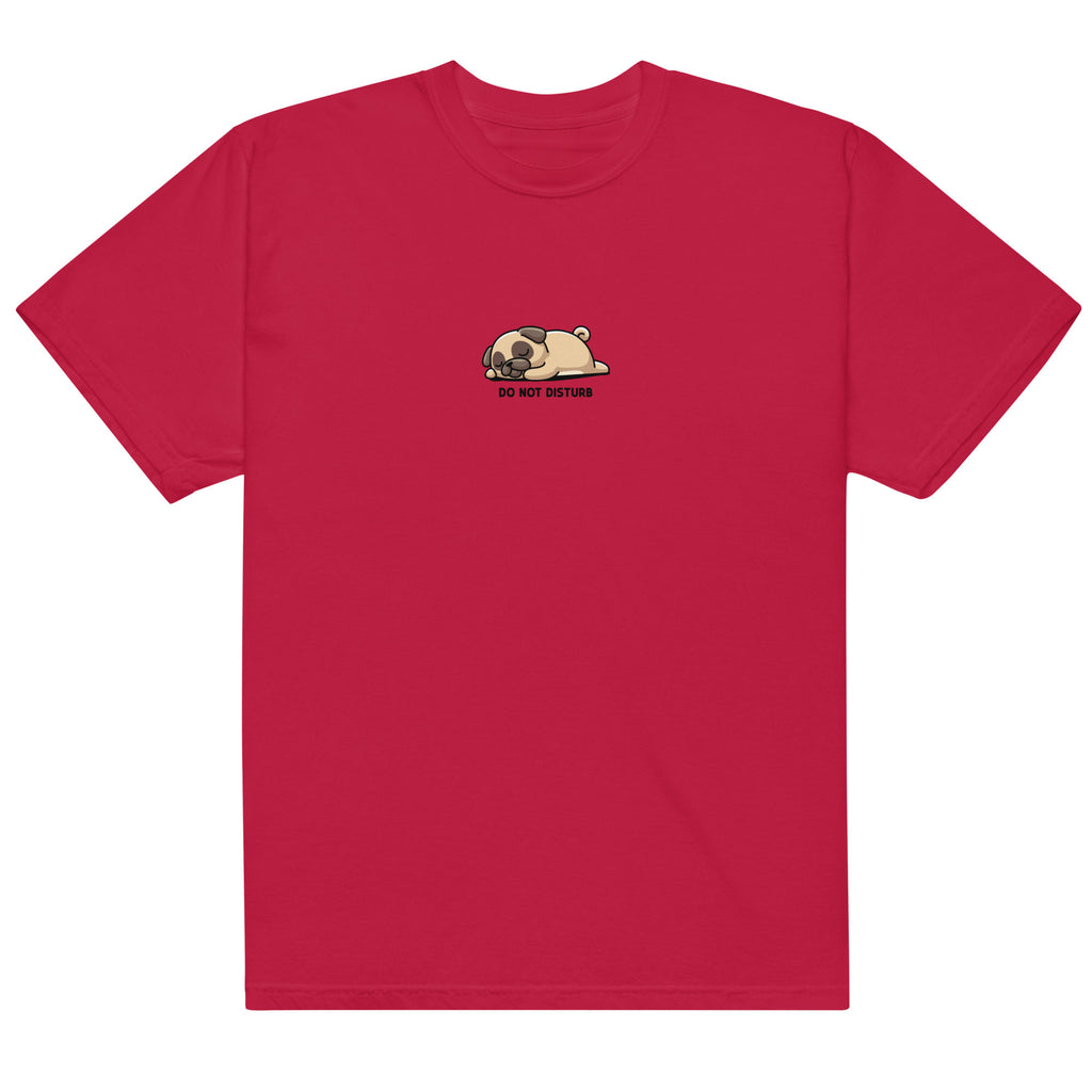 Red t-shirt with a small graphic of a pug and text on a white background