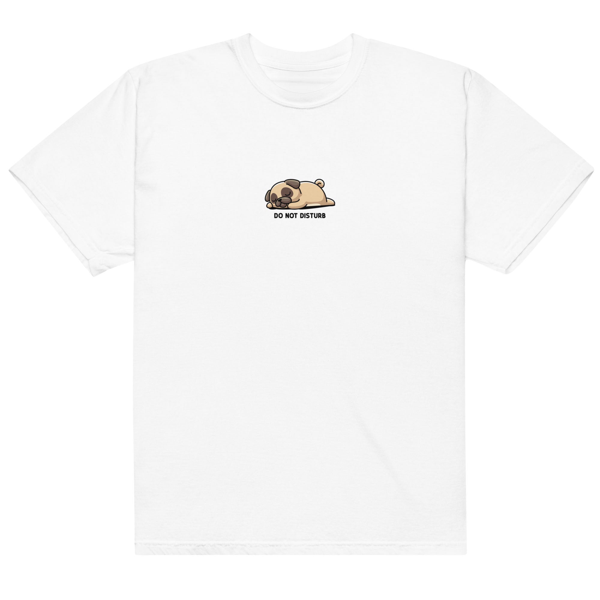 White t-shirt with a small graphic on the chest against a white background