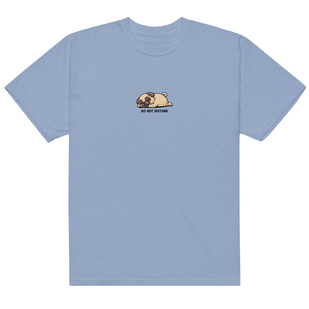 Light blue t-shirt with a dog graphic and text on a white background