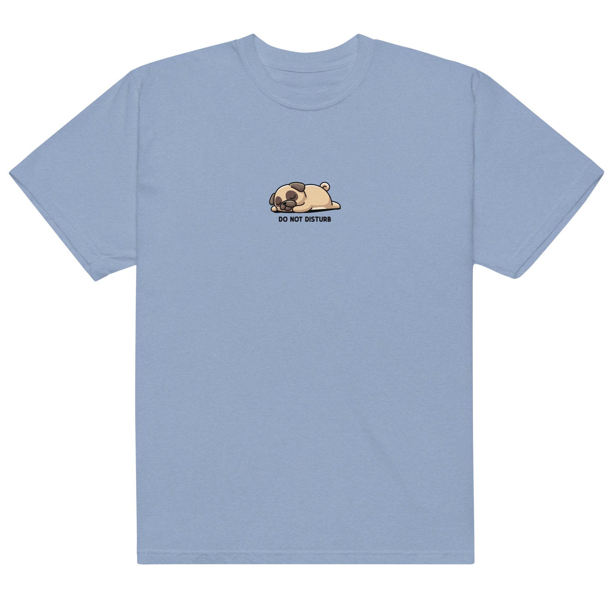 Light blue t-shirt with a dog graphic and text on a white background