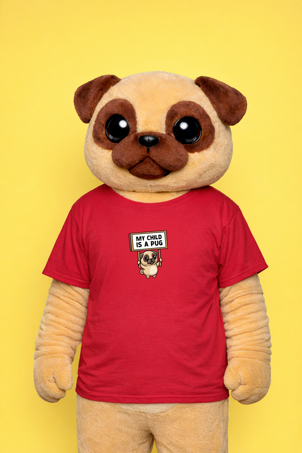 Stuffed pug toy wearing a red t-shirt with a graphic and text on a yellow background