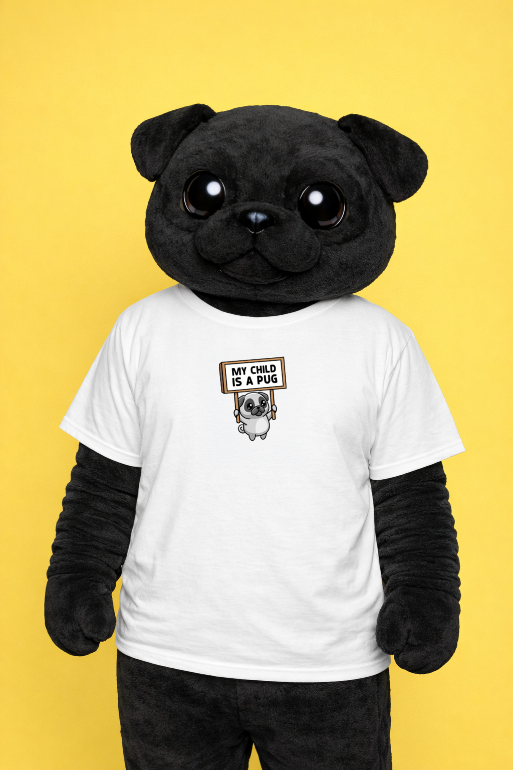 Black pug mascot wearing a white t-shirt with a graphic on a yellow background