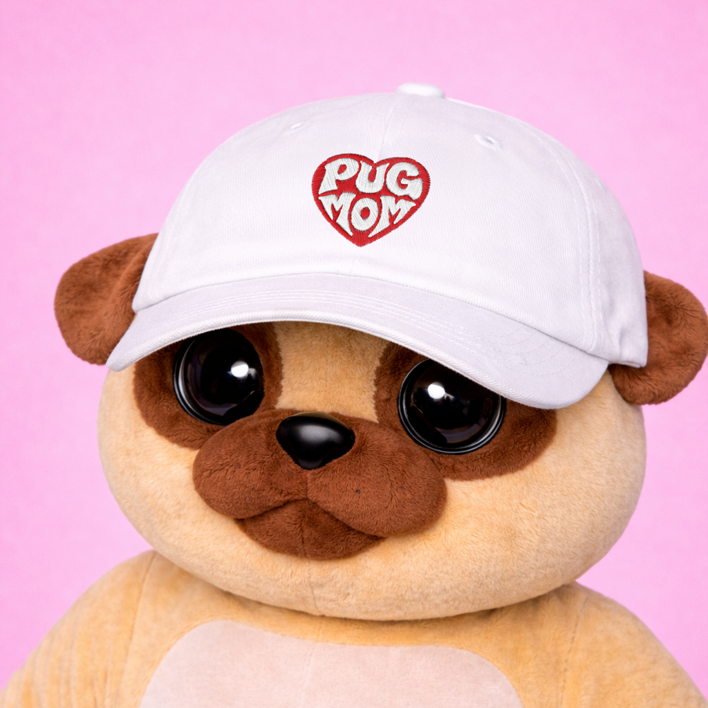 Plush toy pug wearing a white cap with 'Pug Mom' text on a pink background