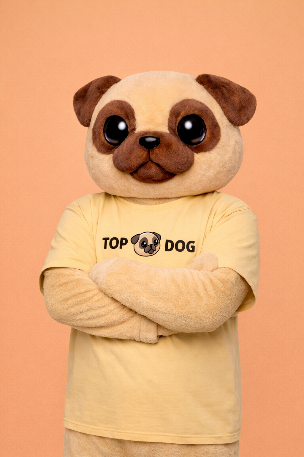 Stuffed animal pug wearing a yellow shirt with 'Top Dog' text on an orange background