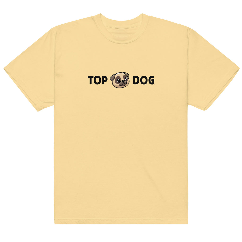 Yellow t-shirt with 'Top Dog' text and dog graphic on a white background