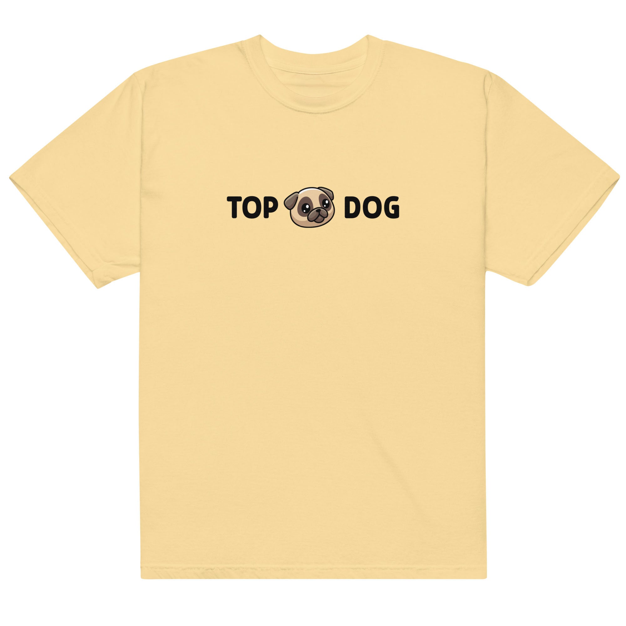 Yellow t-shirt with 'Top Dog' text and dog graphic on a white background