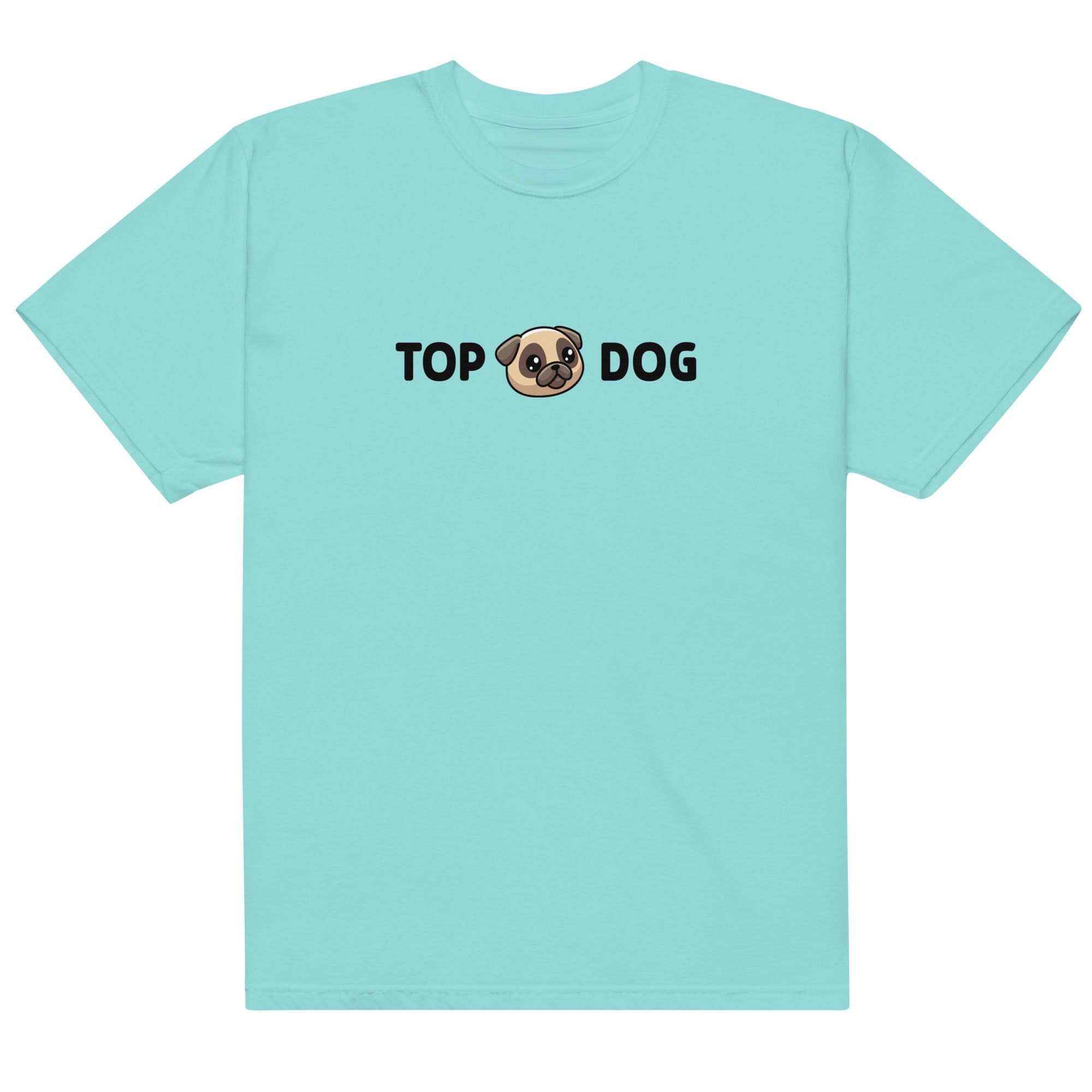 Light blue t-shirt with 'Top Dog' text and pug graphic on a white background