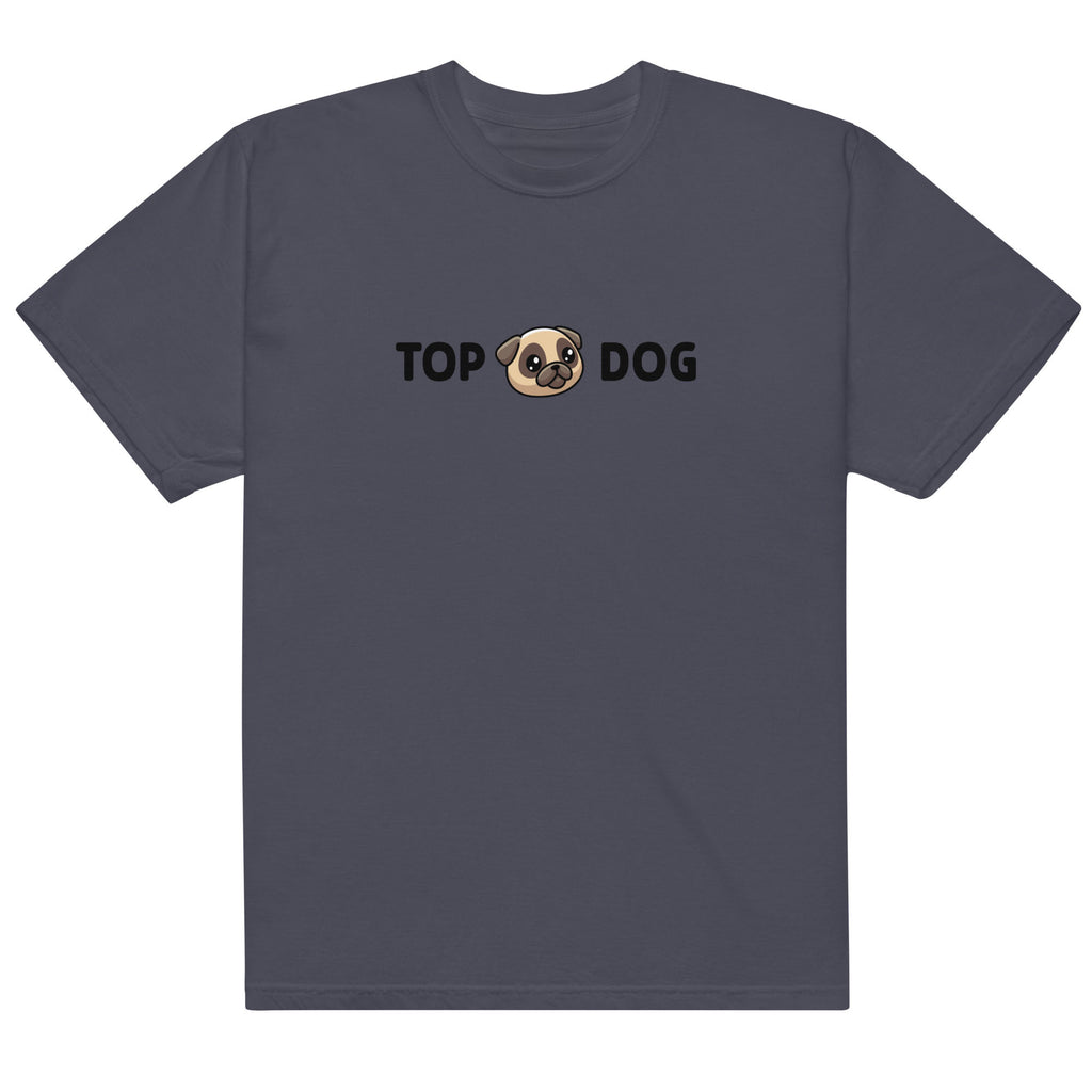 Navy blue t-shirt with 'Top Dog' text and dog graphic on a white background