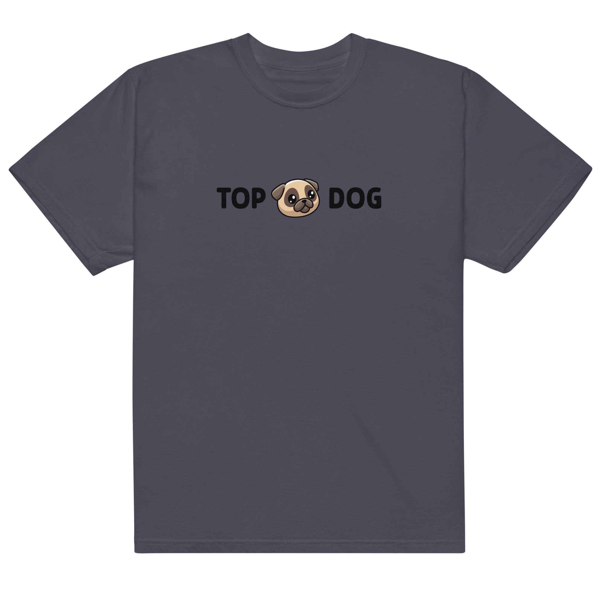 Navy blue t-shirt with 'Top Dog' text and dog graphic on a white background
