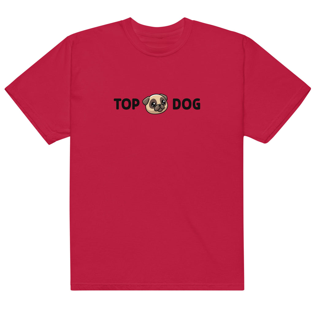 Red t-shirt with 'Top Dog' text and a dog graphic on a white background
