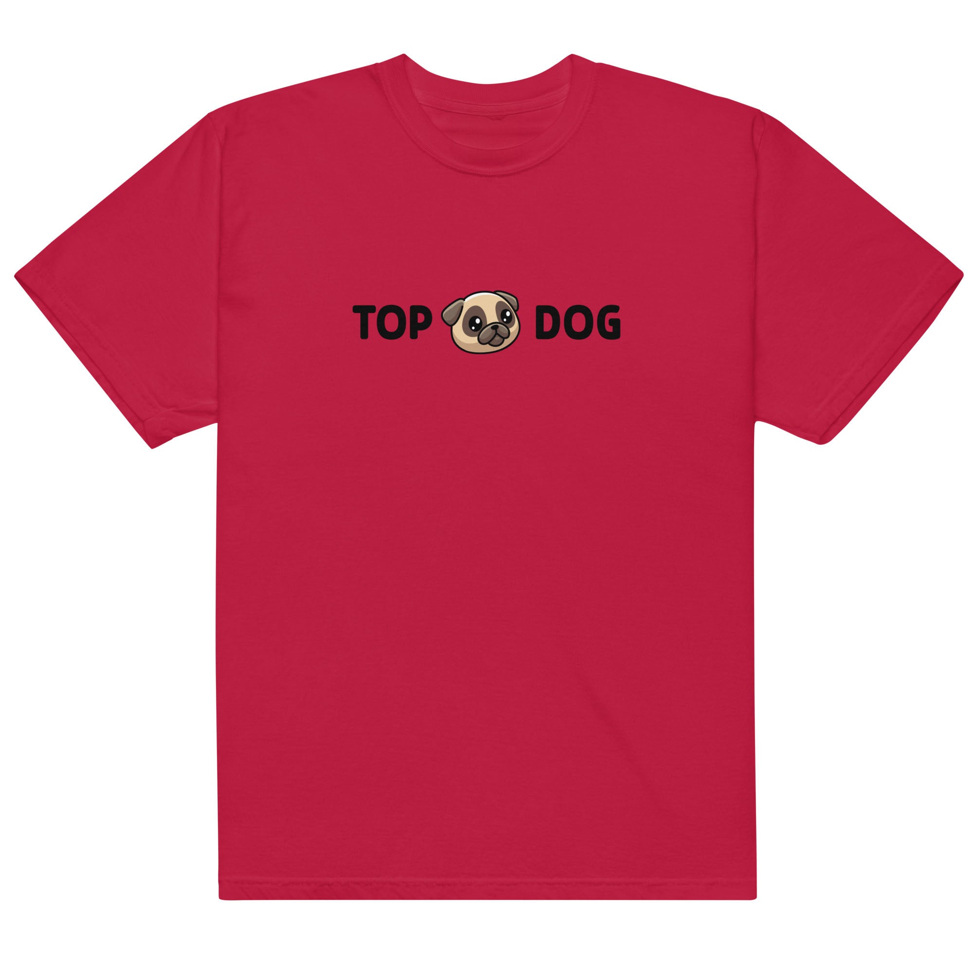 Red t-shirt with 'Top Dog' text and a dog graphic on a white background