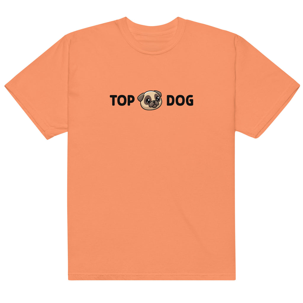 Orange t-shirt with 'Top Dog' text and a dog graphic on a white background
