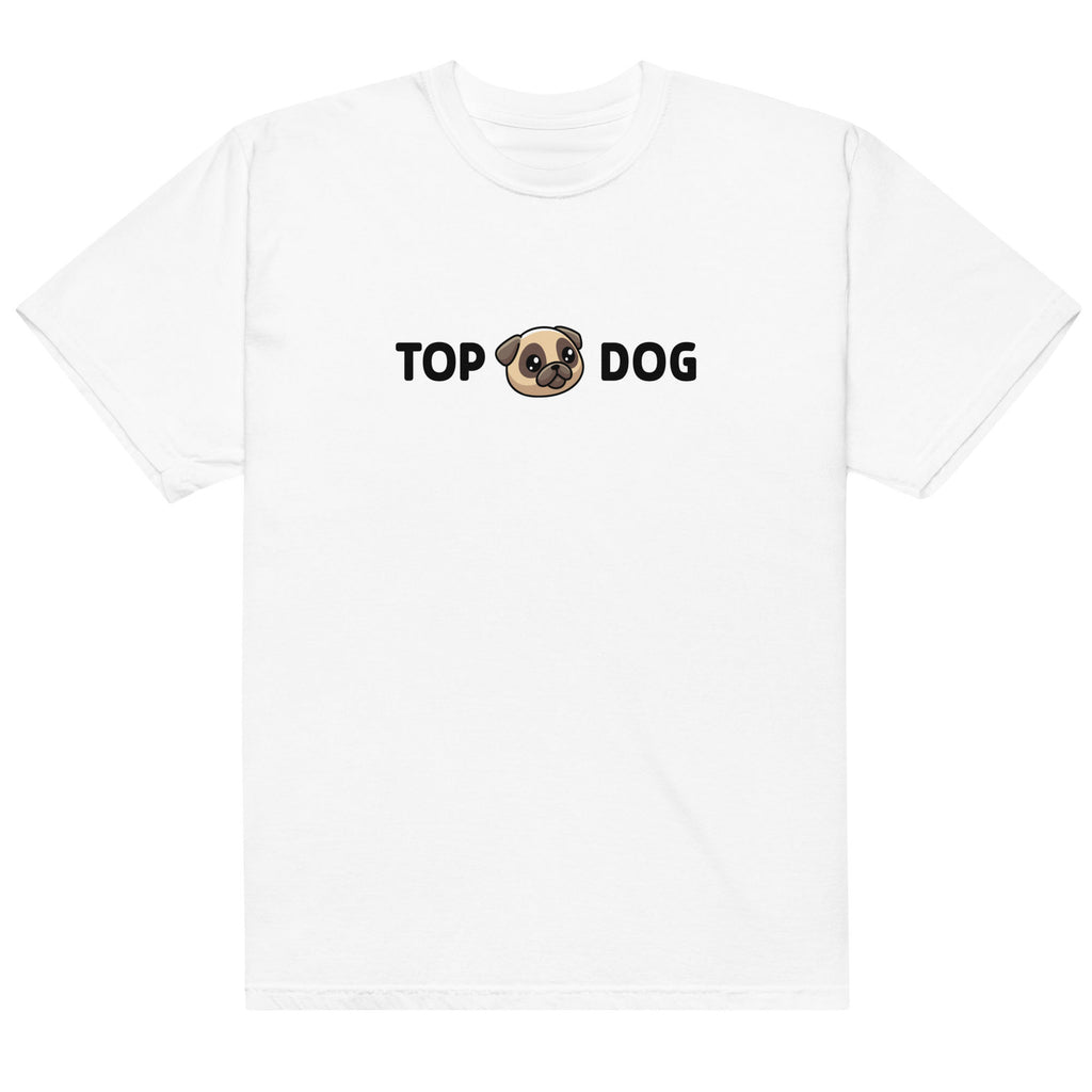 White t-shirt with 'Top Dog' text and a pug graphic on a white background