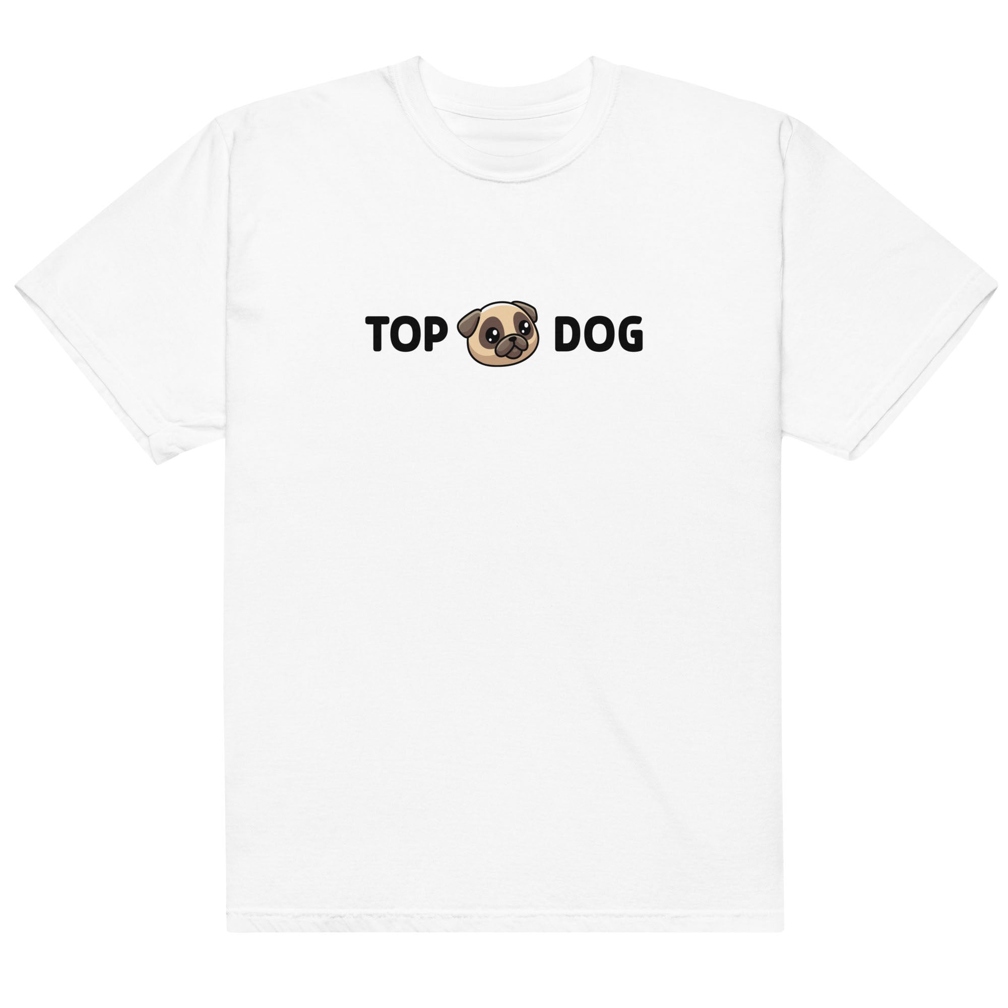 White t-shirt with 'Top Dog' text and a pug graphic on a white background