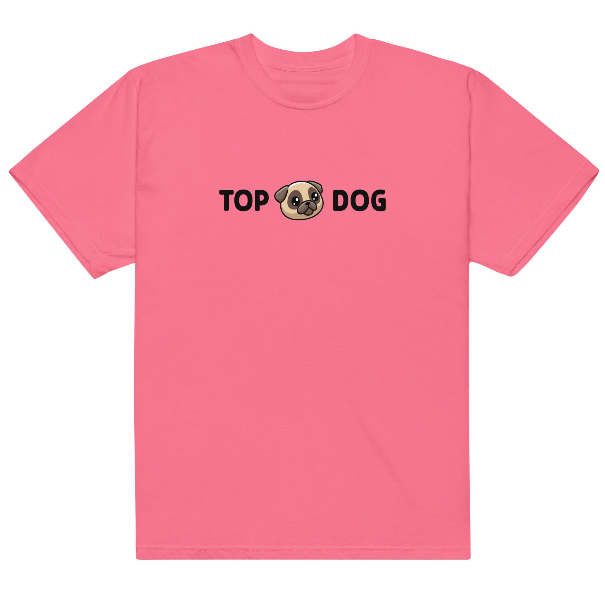 Pink t-shirt with 'Top Dog' text and pug graphic on a white background